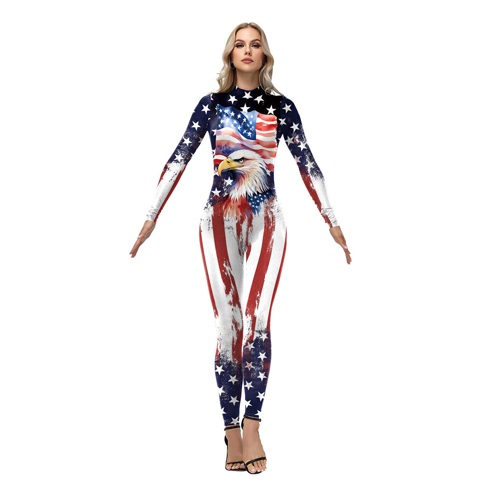 Independence Day Skinny Bodysuit - American Flag Eagle Print Jumpsuit